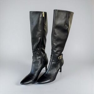 $230 CALVIN KLEIN JEMAMINE Black Leather Designer Tall Heel Boots 10 Wide Calf